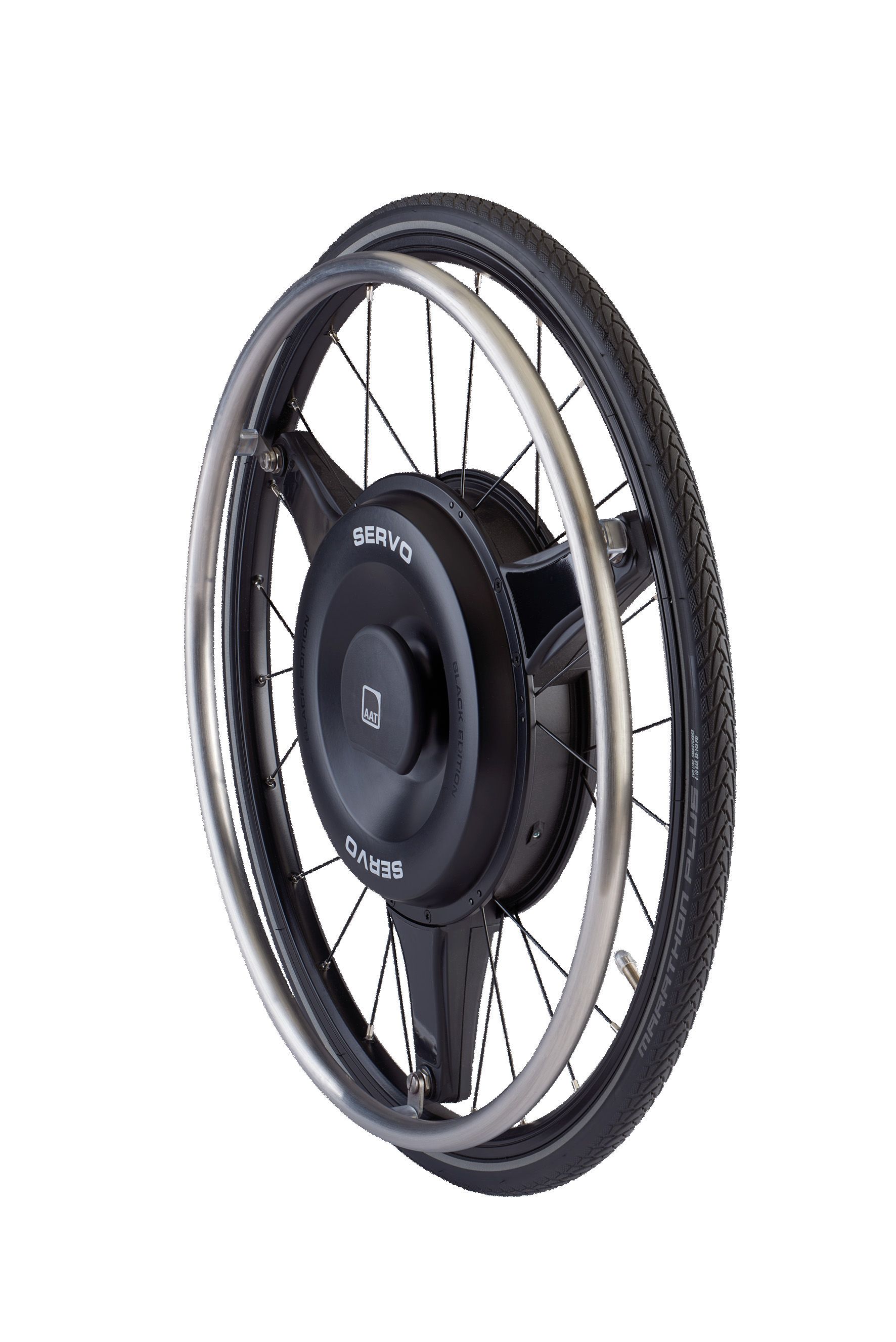 The picture shows the SERVO drive wheel on a white background. It is a black plain wheel hub drive with silver spokes and a black wheelchair tire.