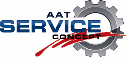 Das Bild zeigt das Logo für das AAT Service Konzept. Es handelt sich um ein graues Zahnrad mit dem Schriftzug „AAT SERVICE KONZEPT“ und einem roten Schweif.